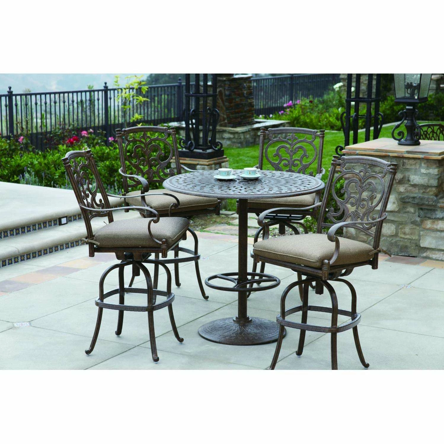 Darlee Santa Barbara 5 Piece Cast Aluminum Patio Bar Set With Swivel Bar Stools – Antique Bronze 4 Darlee Santa Barbara 5 Piece Cast Aluminum Patio Bar Set With Swivel Bar Stools – Antique Bronze - Image 2