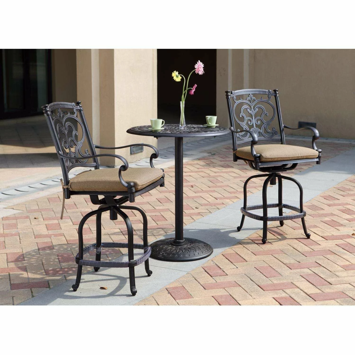 Darlee Santa Barbara 3 Piece Cast Aluminum Patio Counter Height Bar Set With Swivel Bar Stools – Antique Bronze 4 Darlee Santa Barbara 3 Piece Cast Aluminum Patio Counter Height Bar Set With Swivel Bar Stools – Antique Bronze - Image 2