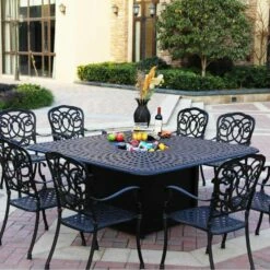 Darlee Florence 9 Piece Cast Aluminum Patio Fire Pit Dining Set – Dining Table With Ice Bucket Insert – Antique Bronze