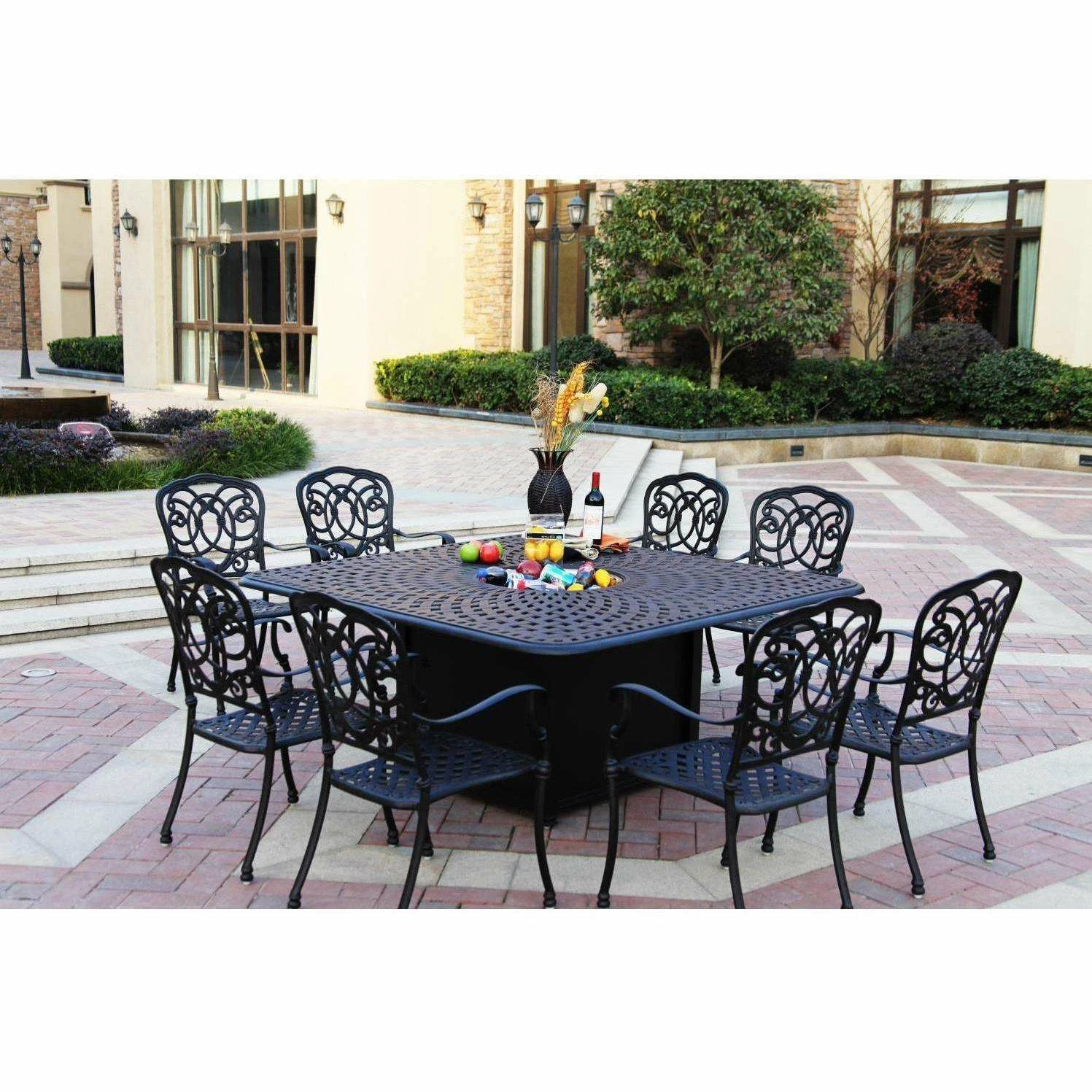 Darlee Florence 9 Piece Cast Aluminum Patio Fire Pit Dining Set – Dining Table With Ice Bucket Insert – Antique Bronze 4 Darlee Florence 9 Piece Cast Aluminum Patio Fire Pit Dining Set – Dining Table With Ice Bucket Insert – Antique Bronze - Image 2