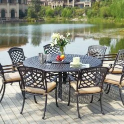 Darlee Sedona 9 Piece Cast Aluminum Patio Dining Set With Lazy Susan – Antique Bronze