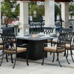 Darlee Capri 9 Piece Cast Aluminum Square Patio Fire Pit Dining Set